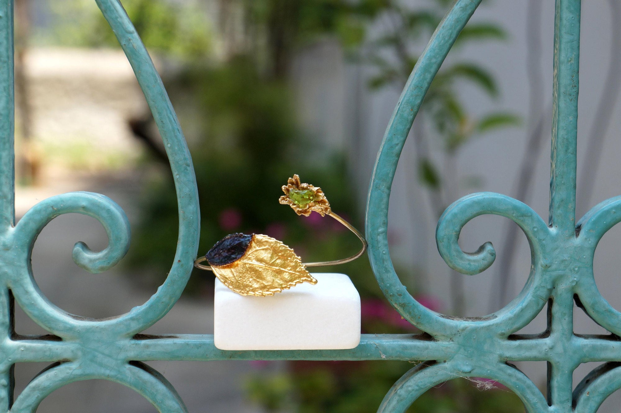 Gold Leaf Cuff Bracelet - Real Flowers with Green Murano Stone-1
