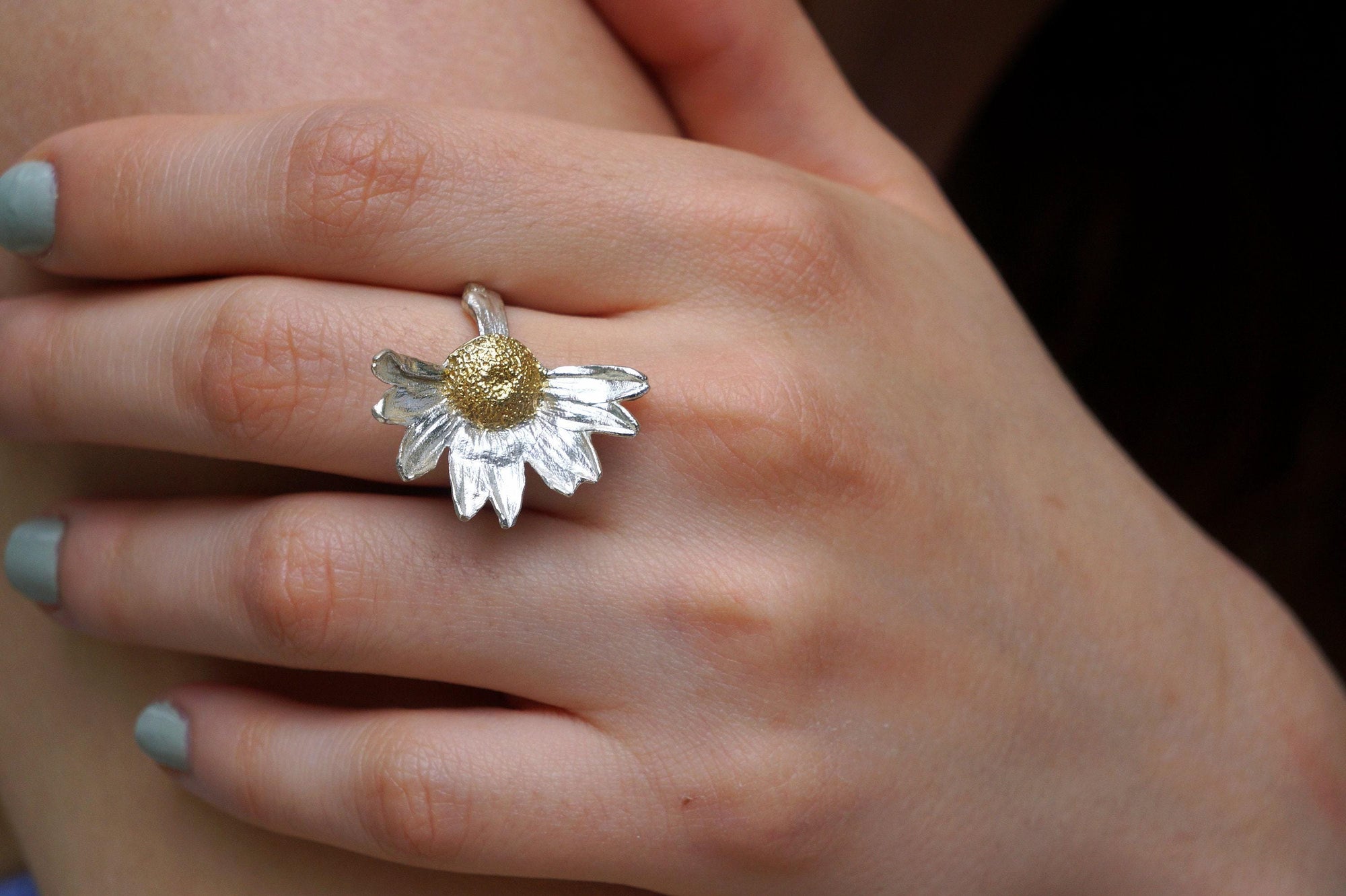 Sterling Silver Daisy Ring - Adjustable Floral Design-4