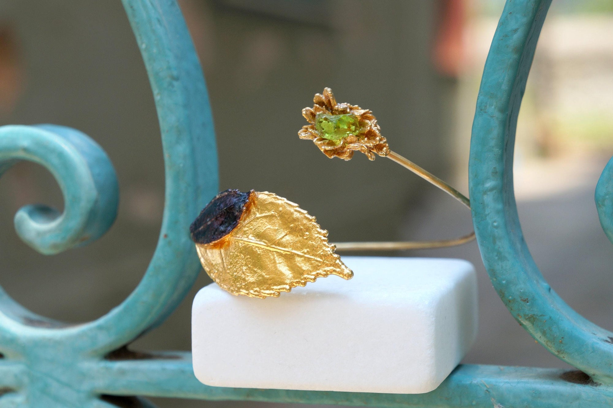 Gold Leaf Cuff Bracelet - Real Flowers with Green Murano Stone-3
