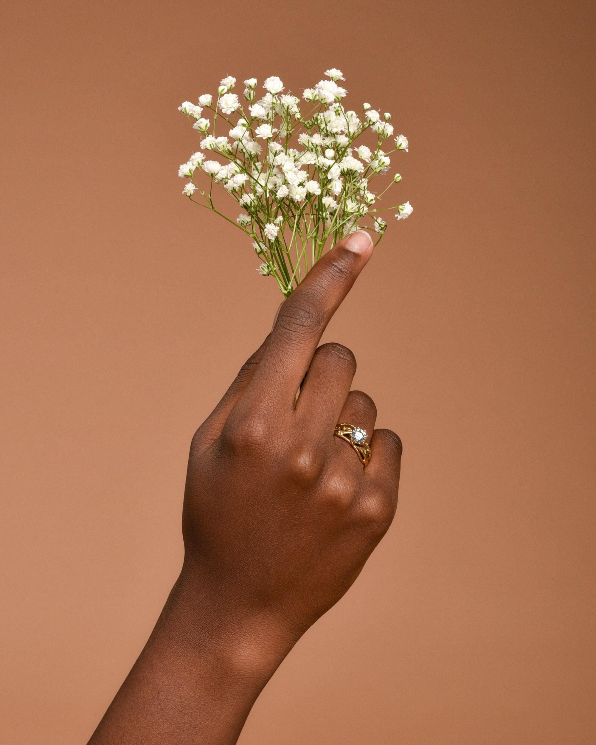 Real Jasmine Twig Silver Ring with Zircon, Handmade Minimalist Jewelry, Organic Botanical Band, Gift for Sensuality &amp; Hope, Sterling Silver 925