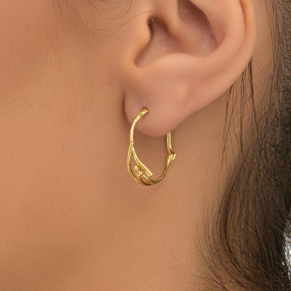 Gold Jasmine Branch Earrings, Gold-Plated Sterling Silver Jewelry, Hoop Earrings, Gift for Her, Birthday Gift for Women, Handmade Jewelry-0