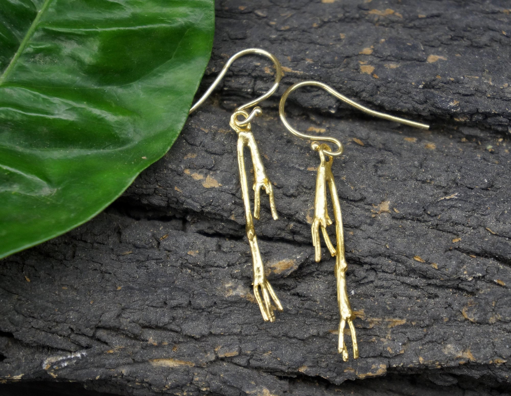 Real Jasmine Twig Gold Dangle Earrings, Handmade Nature Jewelry, Organic Botanical Dangles, Gift for Beauty &amp; Good Luck, 14K Gold Plated Sterling Silver 925