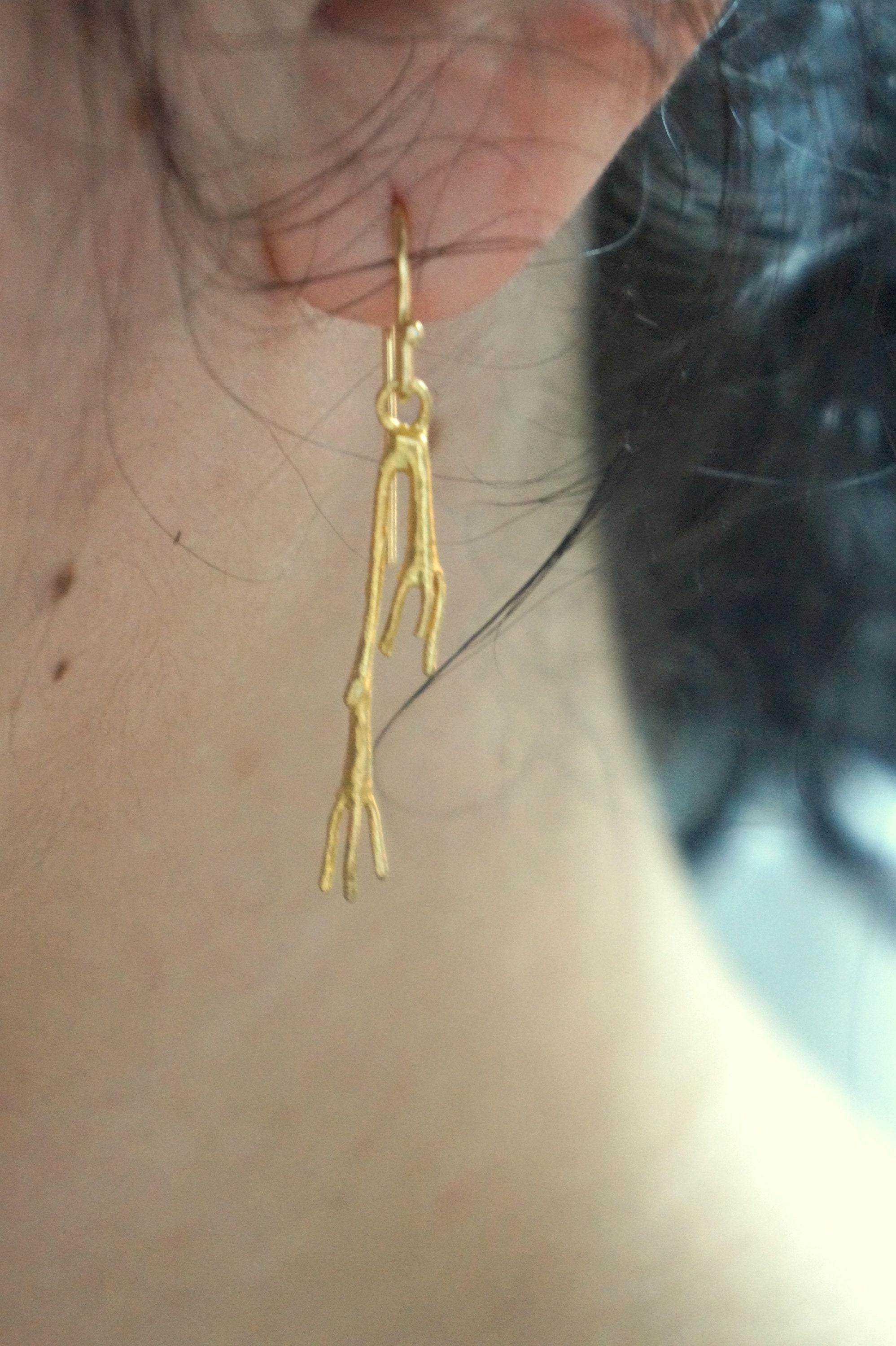 Real Jasmine Twig Gold Dangle Earrings, Handmade Nature Jewelry, Organic Botanical Dangles, Gift for Beauty &amp; Good Luck, 14K Gold Plated Sterling Silver 925