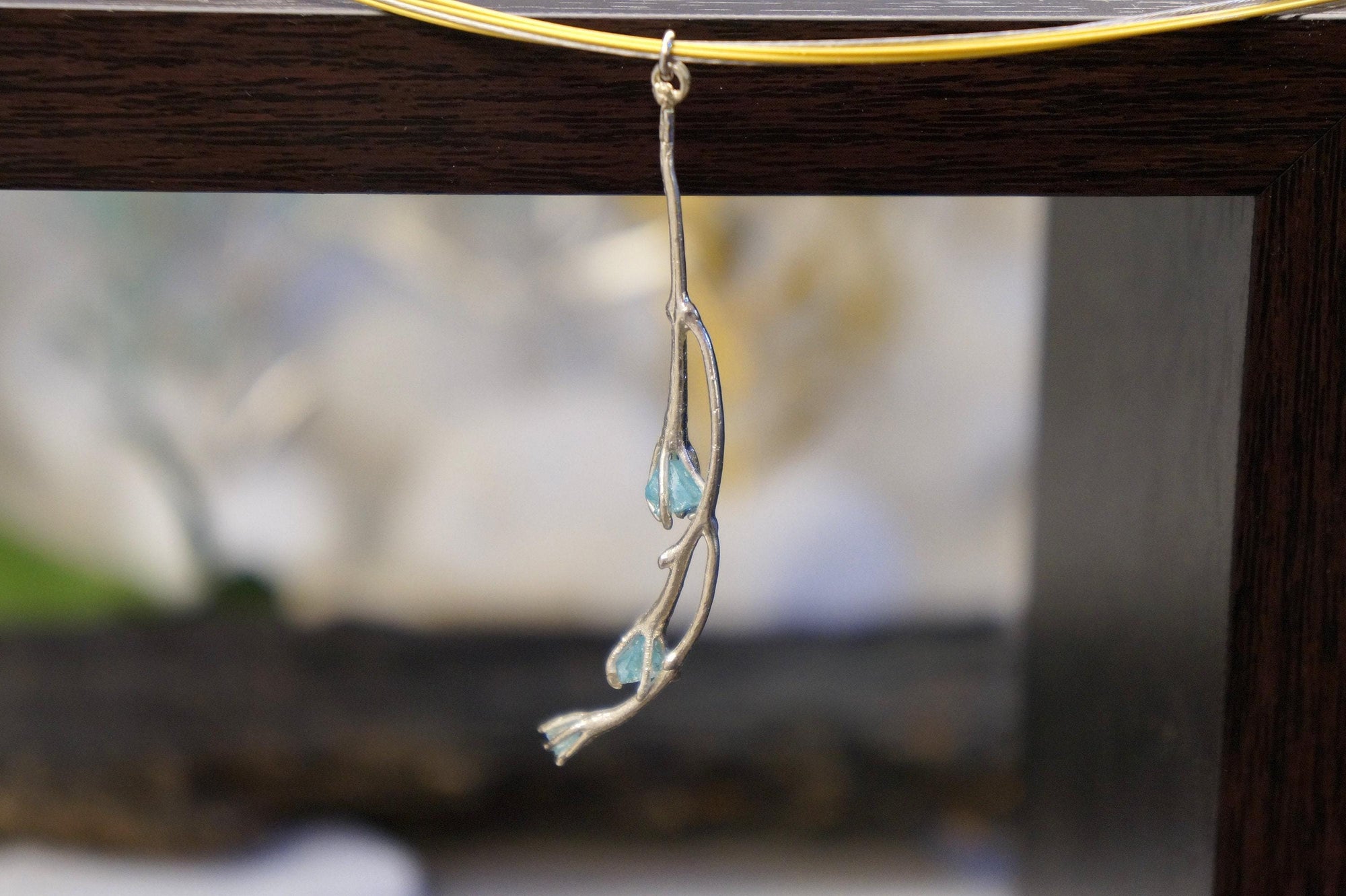 Jasmine Twig Necklace: Floral Nature Jewelry (Sky Blue Raw Murano)-2