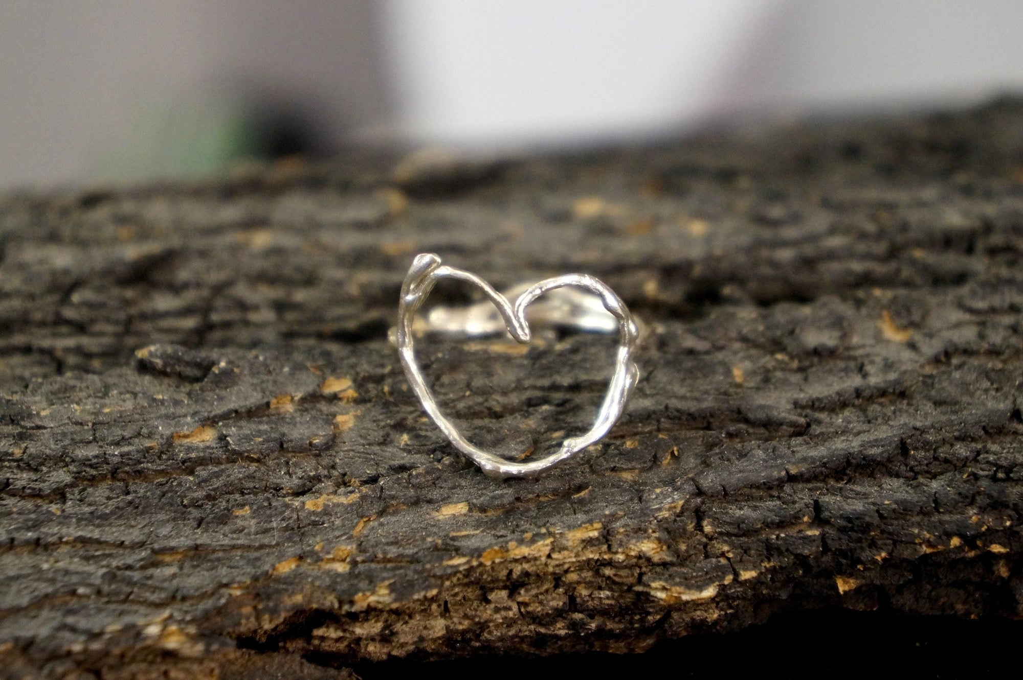 Real Jasmine Twig Silver Ring with Heart Detail, Handmade Nature Jewelry, Organic Botanical Band, Gift for Beauty &amp; Appreciation, Sterling Silver 925