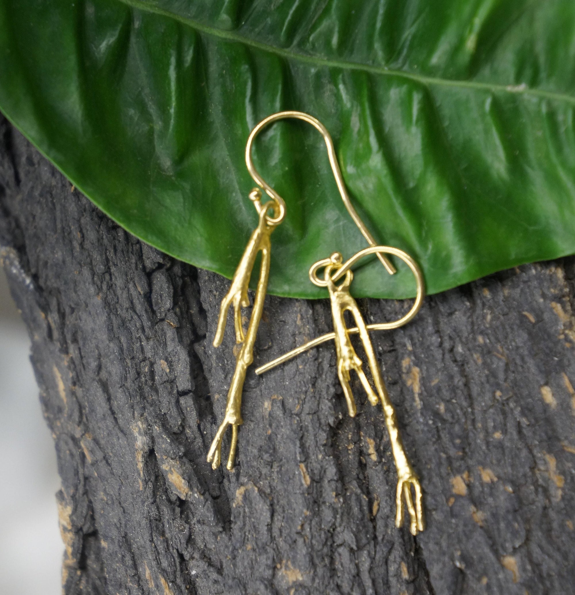 Real Jasmine Twig Gold Dangle Earrings, Handmade Nature Jewelry, Organic Botanical Dangles, Gift for Beauty &amp; Good Luck, 14K Gold Plated Sterling Silver 925