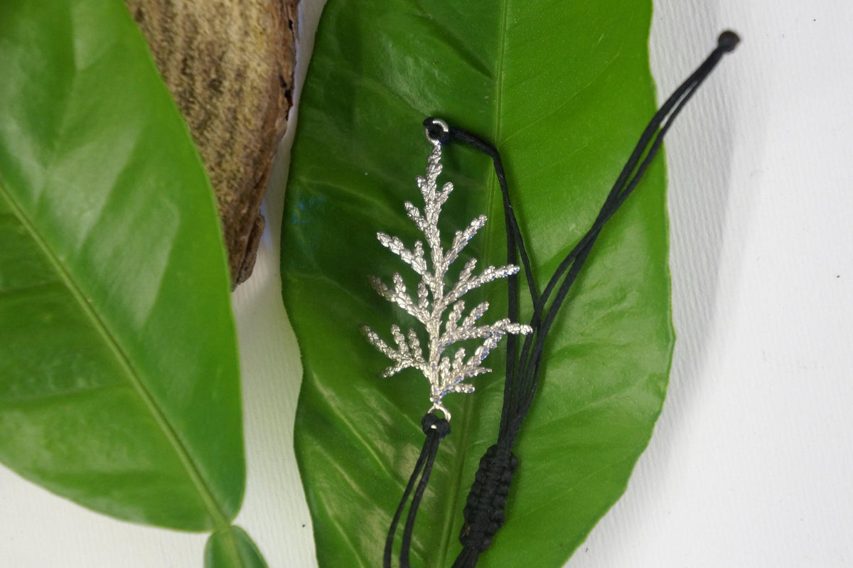 Real Cypress Leaf Silver Cord Bracelet, Handmade Nature Jewelry, Adjustable Botanical Cord Bracelet, Gift for Endurance &amp; Hope, Gold or Sterling Silver 925