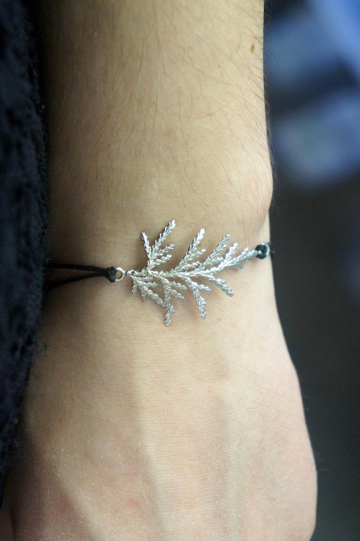 Real Cypress Leaf Silver Cord Bracelet, Handmade Nature Jewelry, Adjustable Botanical Cord Bracelet, Gift for Endurance &amp; Hope, Gold or Sterling Silver 925