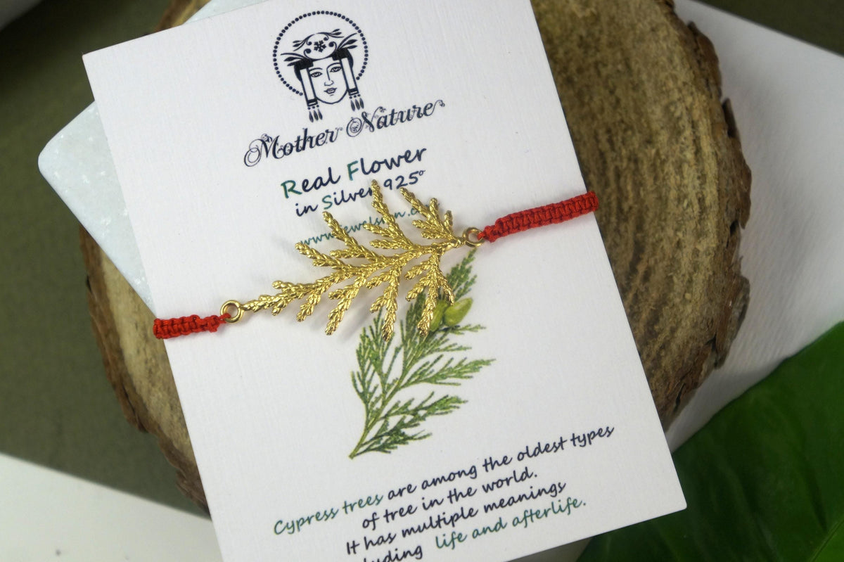 Real Cypress Leaf Silver Cord Bracelet, Handmade Nature Jewelry, Adjustable Botanical Cord Bracelet, Gift for Endurance &amp; Hope, Gold or Sterling Silver 925