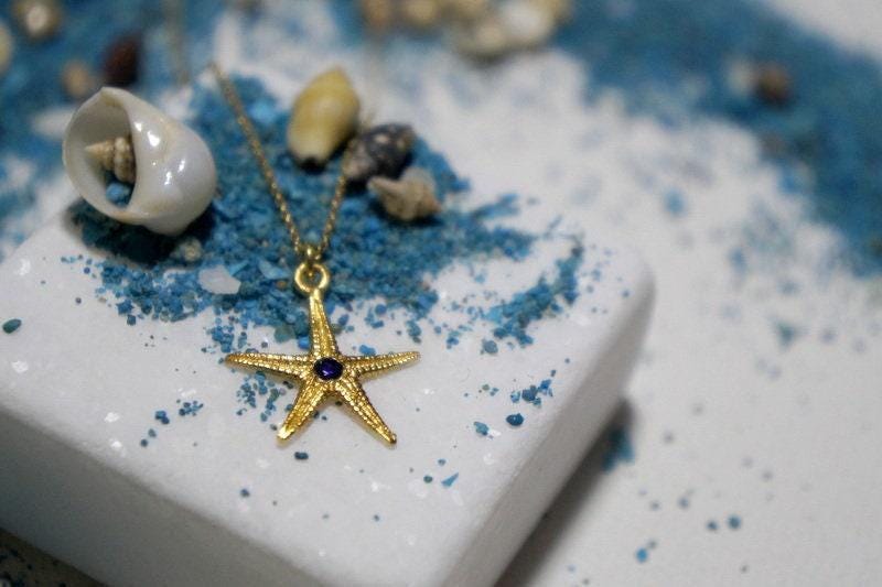 Real Starfish Gold Pendant Necklace with Zircon, Handmade Nature Jewelry, Organic Nature Pendant, Gift for Love, 14K Gold Plated Sterling Silver 925