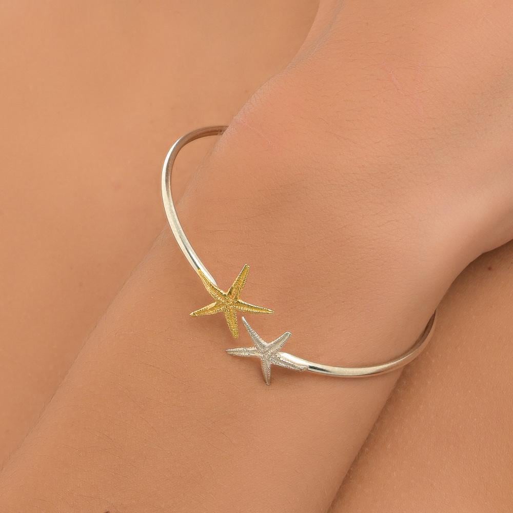 Gold Starfish Bracelet, Two-Tone Silver and Gold, Nature Inspired Jewelry Gift for Women-0