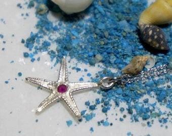 Real Starfish Gold Pendant Necklace with Zircon, Handmade Nature Jewelry, Organic Nature Pendant, Gift for Love, 14K Gold Plated Sterling Silver 925