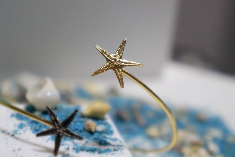 Nature-Inspired Starfish Bracelet, Two Tone Silver and Gold (Adjustable Cuff)-1
