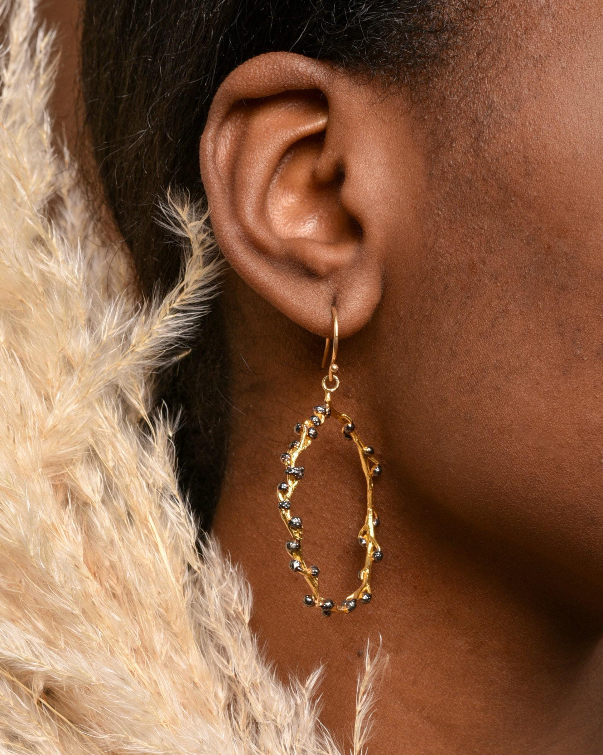 Real Mimosa Leaf Gold Hoop Earrings with Black Rhodium Detail, Handmade Nature Jewelry, Organic Botanical Hoops, Gift for Renewal &amp; Fortitude, Sterling Silver 925