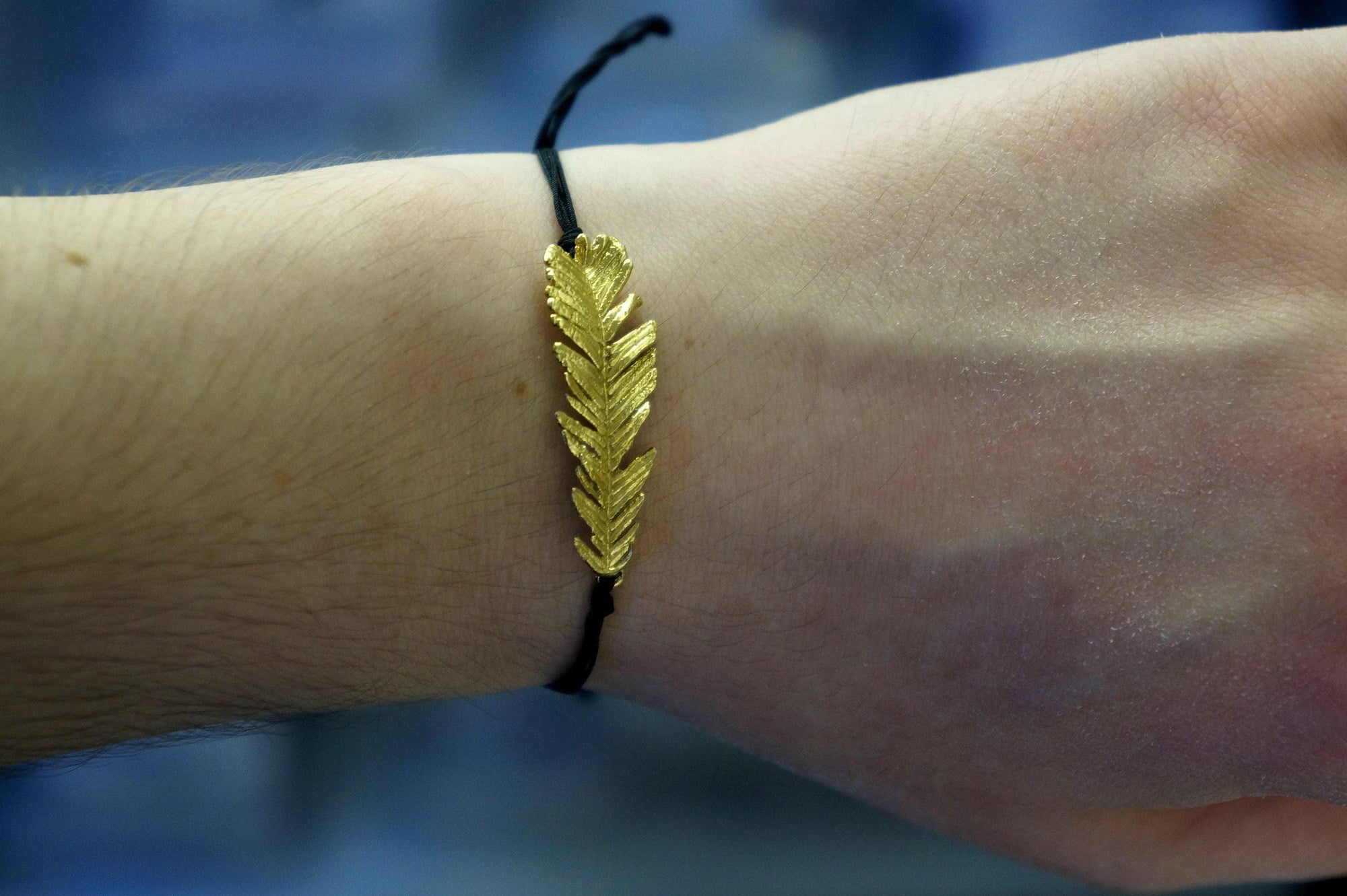 Real Acacia Leaf Cord Bracelet, Handmade Nature Jewelry, Adjustable Botanical Cord Bracelet, Gift for Renewal &amp; Fortitude, Gold or Sterling Silver 925