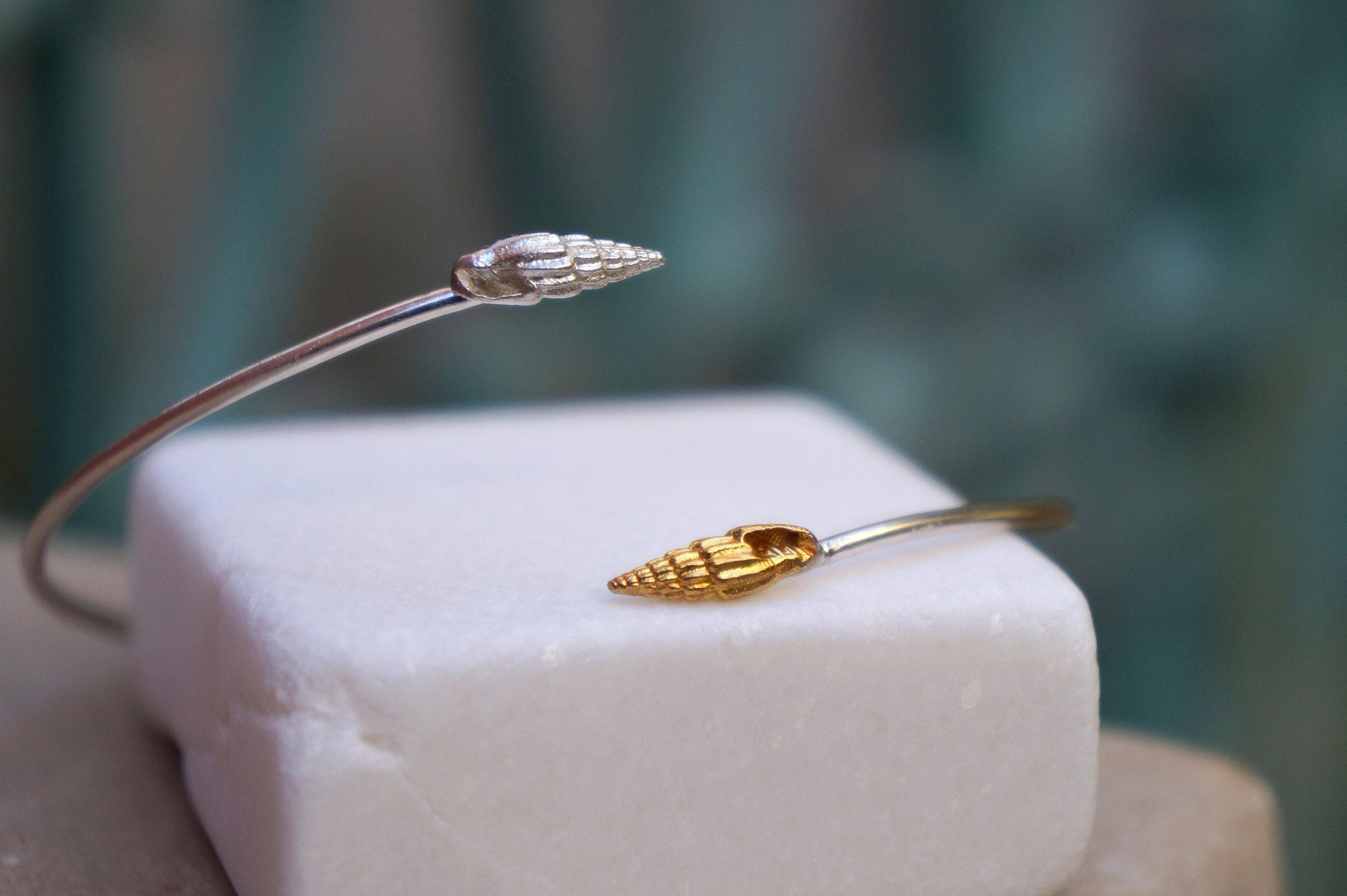 Shell Cuff Bracelet: Sterling Silver with Gold Plating - Adjustable Fit-1