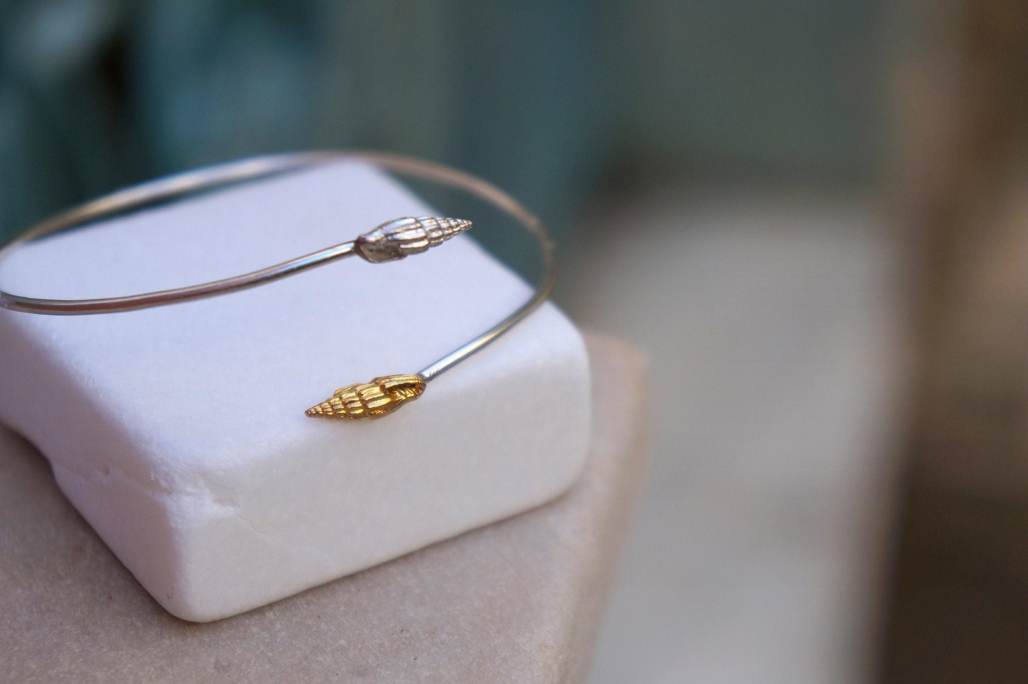 Shell Cuff Bracelet: Sterling Silver with Gold Plating - Adjustable Fit-3