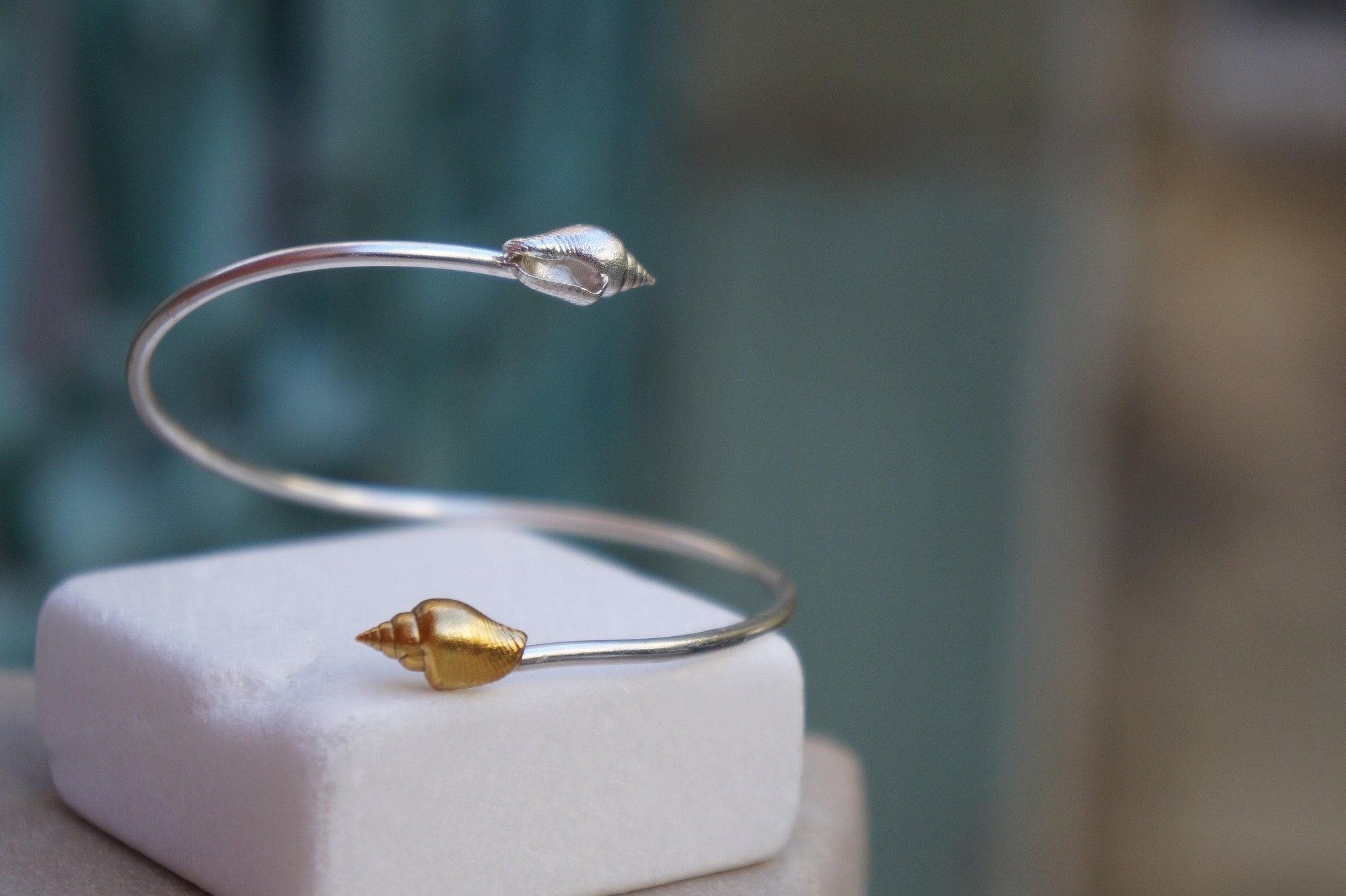 Silver Shell Bracelet: Adjustable Cuff with Gold Details-2