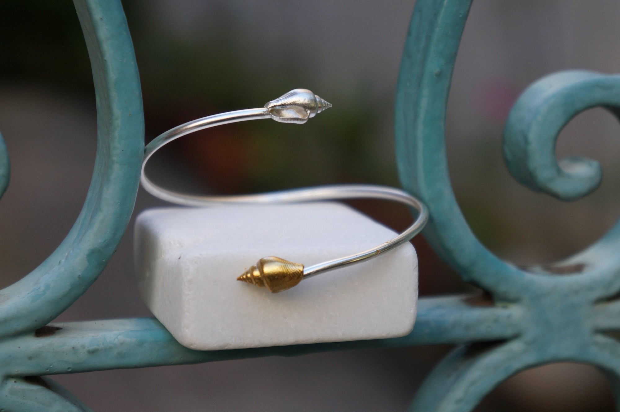 Silver Shell Bracelet: Adjustable Cuff with Gold Details-3