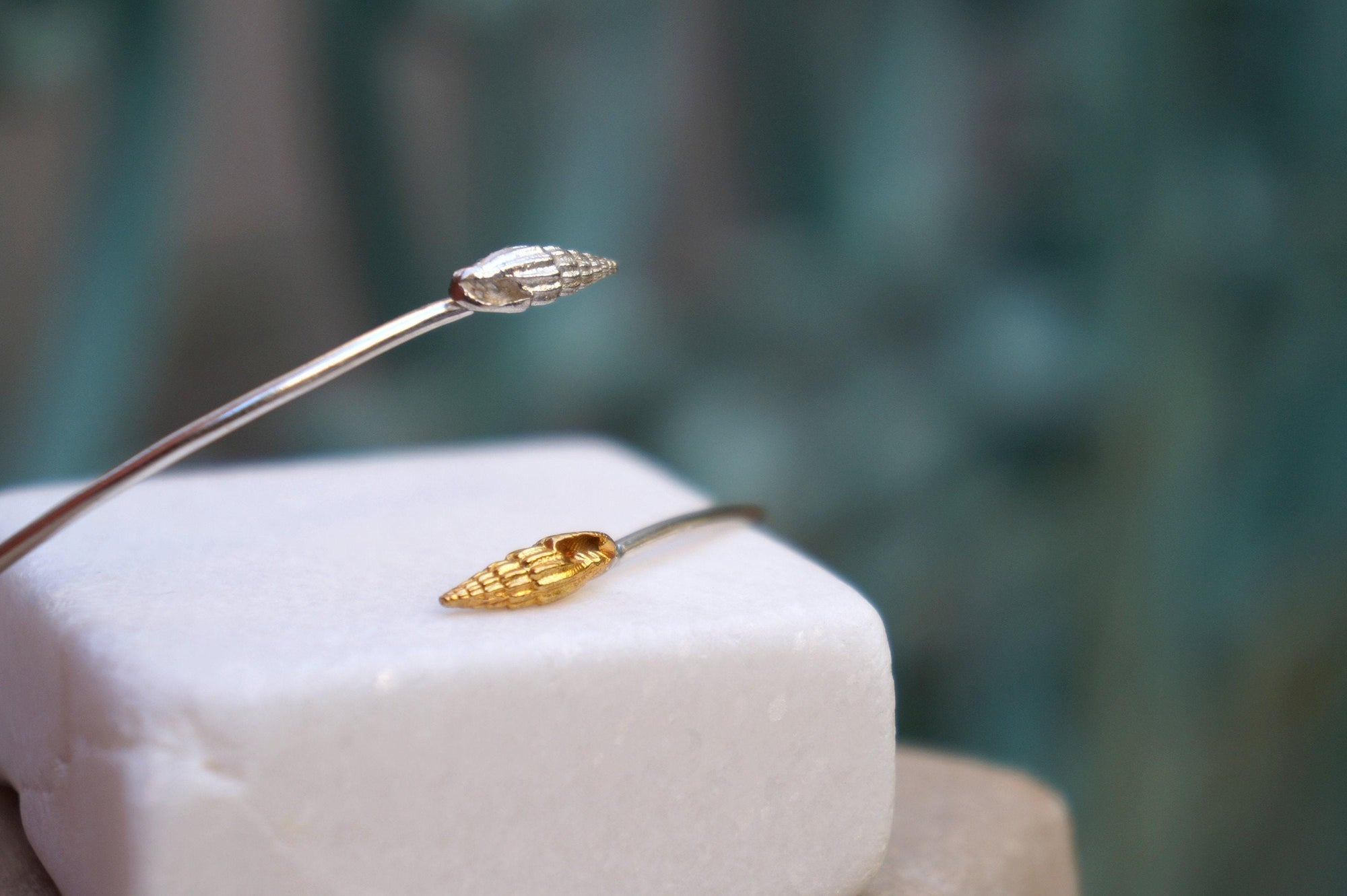 Shell Cuff Bracelet: Sterling Silver with Gold Plating - Adjustable Fit-4