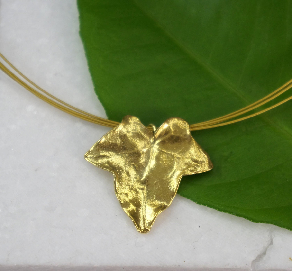 Gold Ivy Leaf Pendant, Handmade Nature Jewelry, Organic Forest Necklace, Gift for Longevity &amp; Luck, Eco Sustainable Sterling Silver 925
