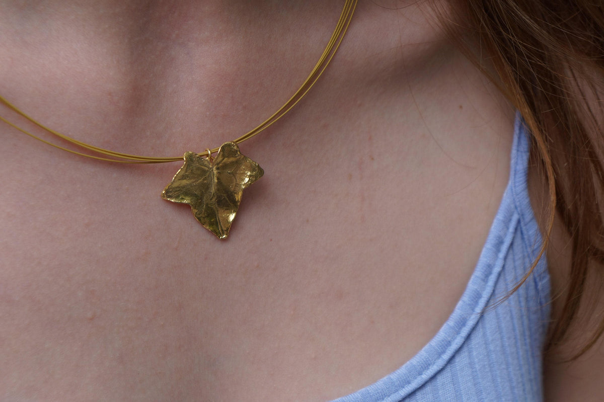 Gold Ivy Leaf Pendant, Handmade Nature Jewelry, Organic Forest Necklace, Gift for Longevity &amp; Luck, Eco Sustainable Sterling Silver 925