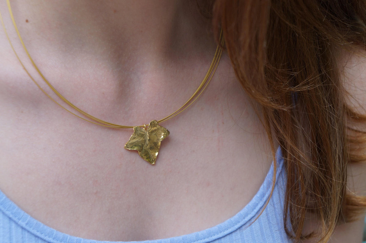 Gold Ivy Leaf Pendant, Handmade Nature Jewelry, Organic Forest Necklace, Gift for Longevity &amp; Luck, Eco Sustainable Sterling Silver 925
