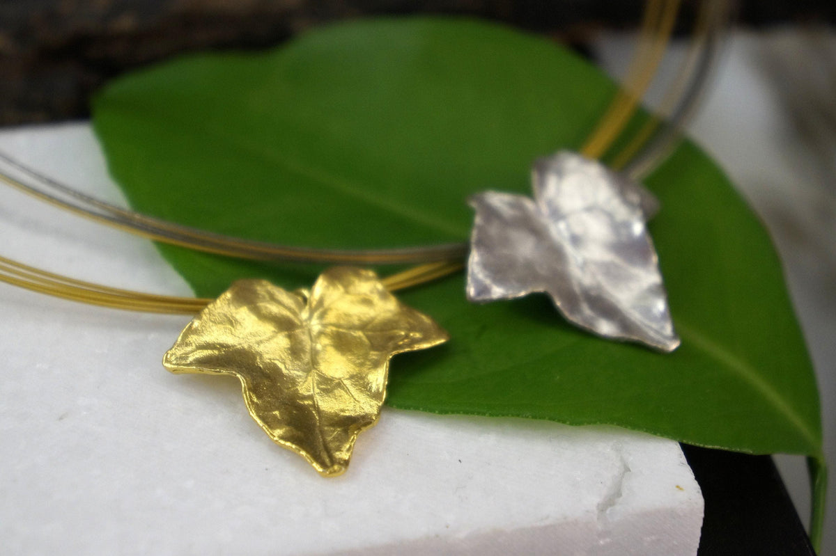 Gold Ivy Leaf Pendant, Handmade Nature Jewelry, Organic Forest Necklace, Gift for Longevity &amp; Luck, Eco Sustainable Sterling Silver 925