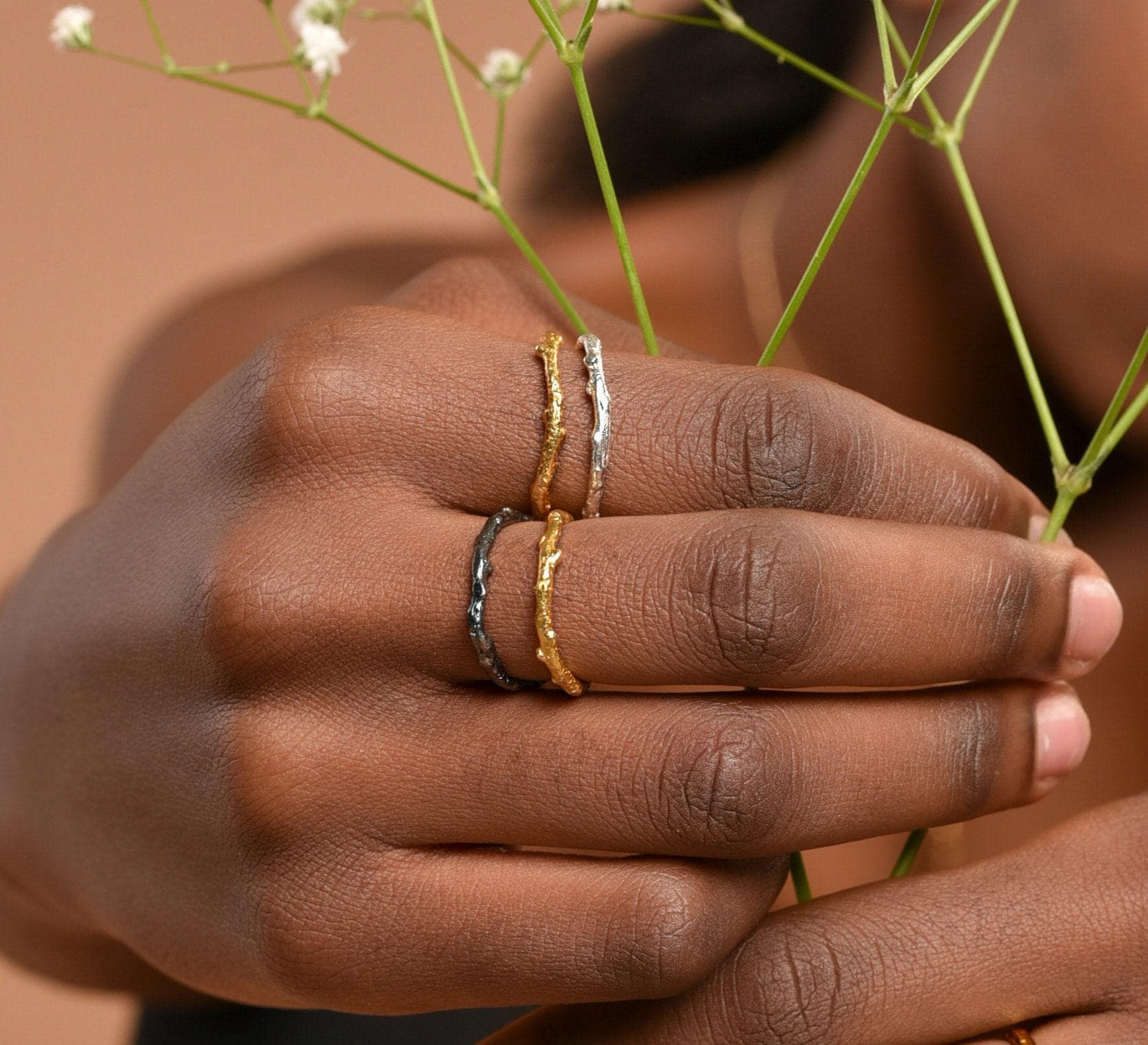 Real Olive Branch Gold Band Ring, Handmade Nature Jewelry, Organic Botanical Band, Gift for Peace &amp; Protection, 14K Gold Plated Brass