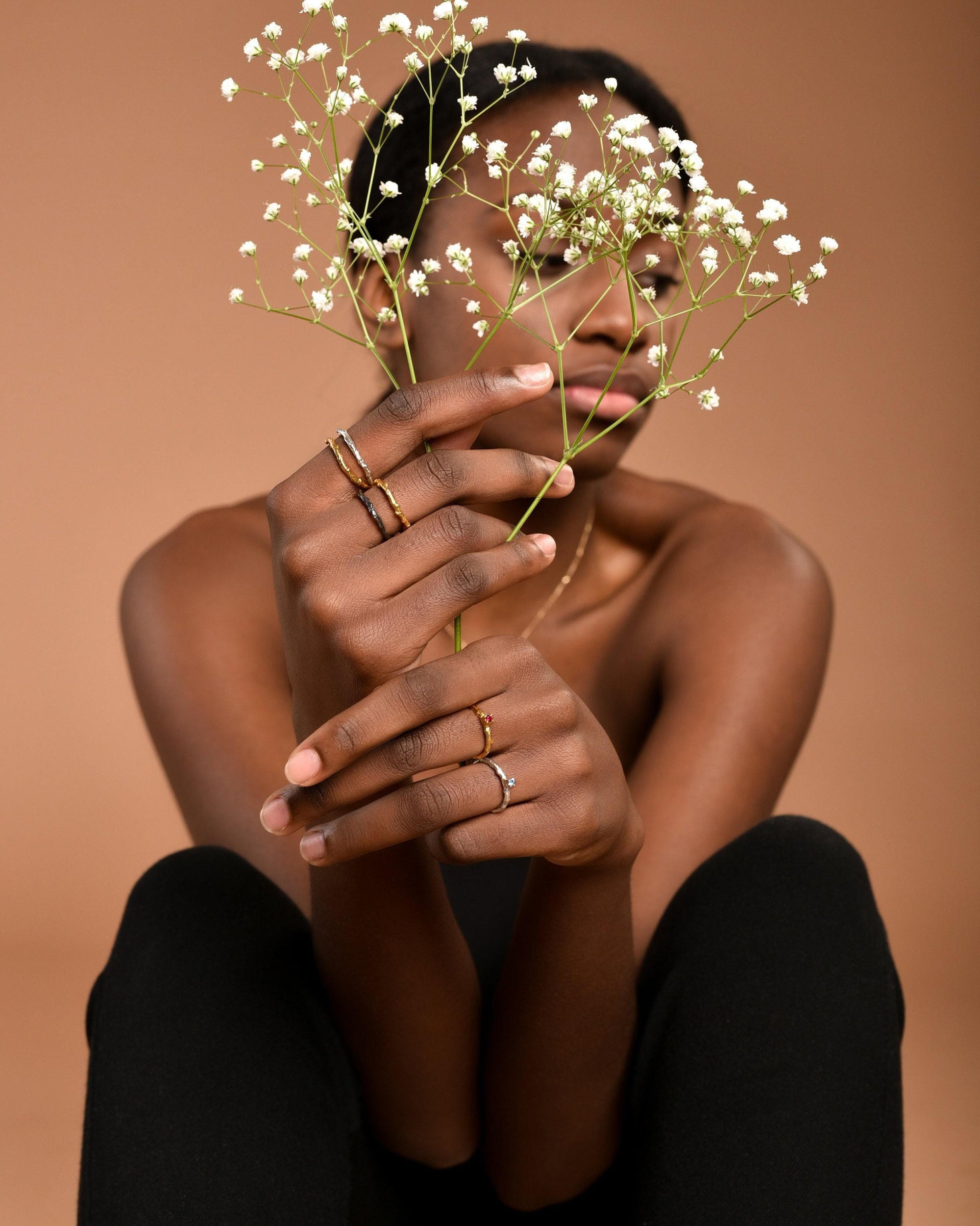 Real Olive Branch Gold Band Ring, Handmade Nature Jewelry, Organic Botanical Band, Gift for Peace &amp; Protection, 14K Gold Plated Brass