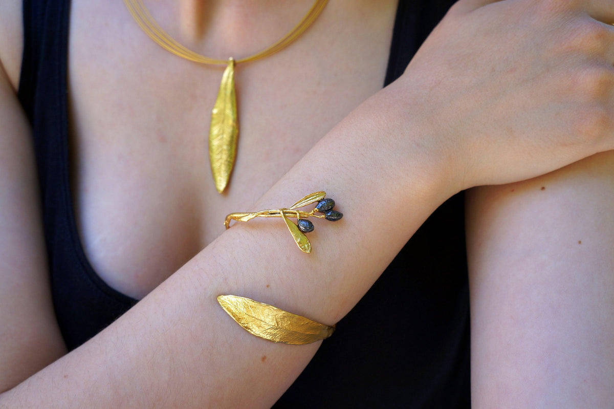 Real Olive Branch Gold Bangle Bracelet, Handmade Nature Jewelry, Organic Forest Cuff, Unique Gift for Nature Lovers, 14K Gold Plated Sterling Silver 925