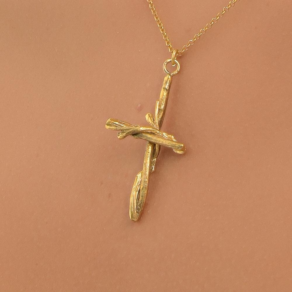 Olive Wood Cross Pendant Necklace, Large, Gold on Silver (Unisex)-1