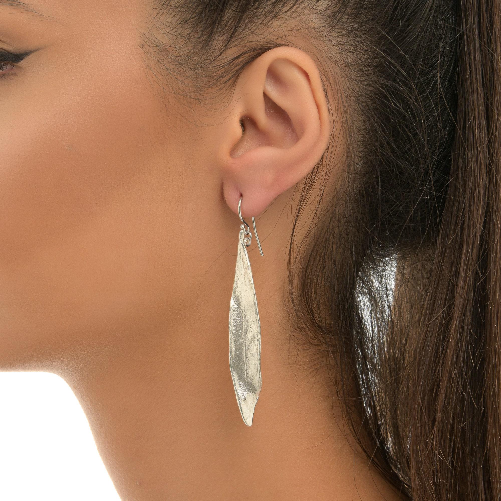 Nature-Inspired Olive Leaf Earrings, Long Dangle (Recycled Sterling)-0