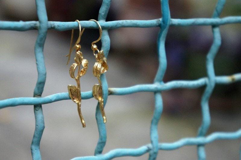 Real Olive Branch Gold Earrings, Handmade Nature Jewelry, Organic Nature Earrings, Gift for Peace &amp; Protection, Gold or Sterling Silver 925