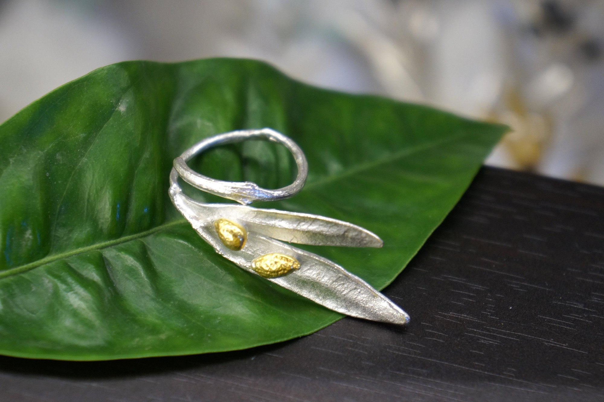 Statement Nature Ring: Olive Leaves Design - Adjustable Sterling Silver-1