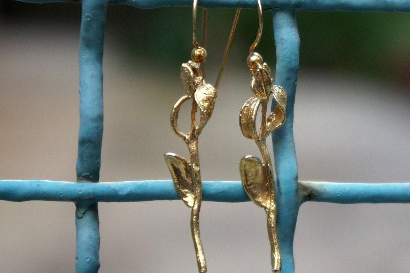 Real Olive Branch Gold Earrings, Handmade Nature Jewelry, Organic Nature Earrings, Gift for Peace &amp; Protection, Gold or Sterling Silver 925