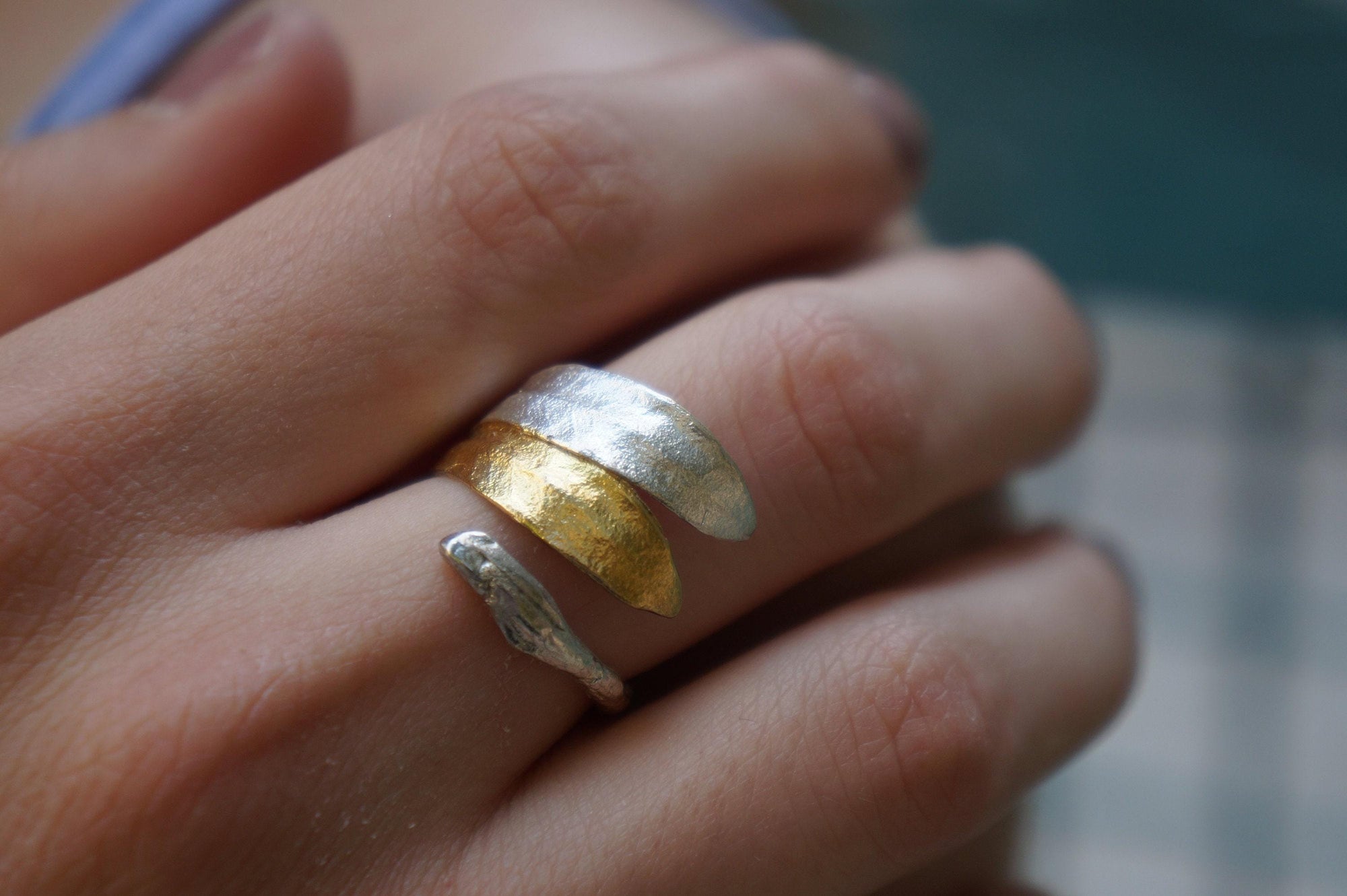 Gold-Silver Olive Leaf Ring, Gold-Plated Sterling Silver Jewelry, Gold Band, Gift for Her, Birthday Gift for Women, Handmade Jewelry-2