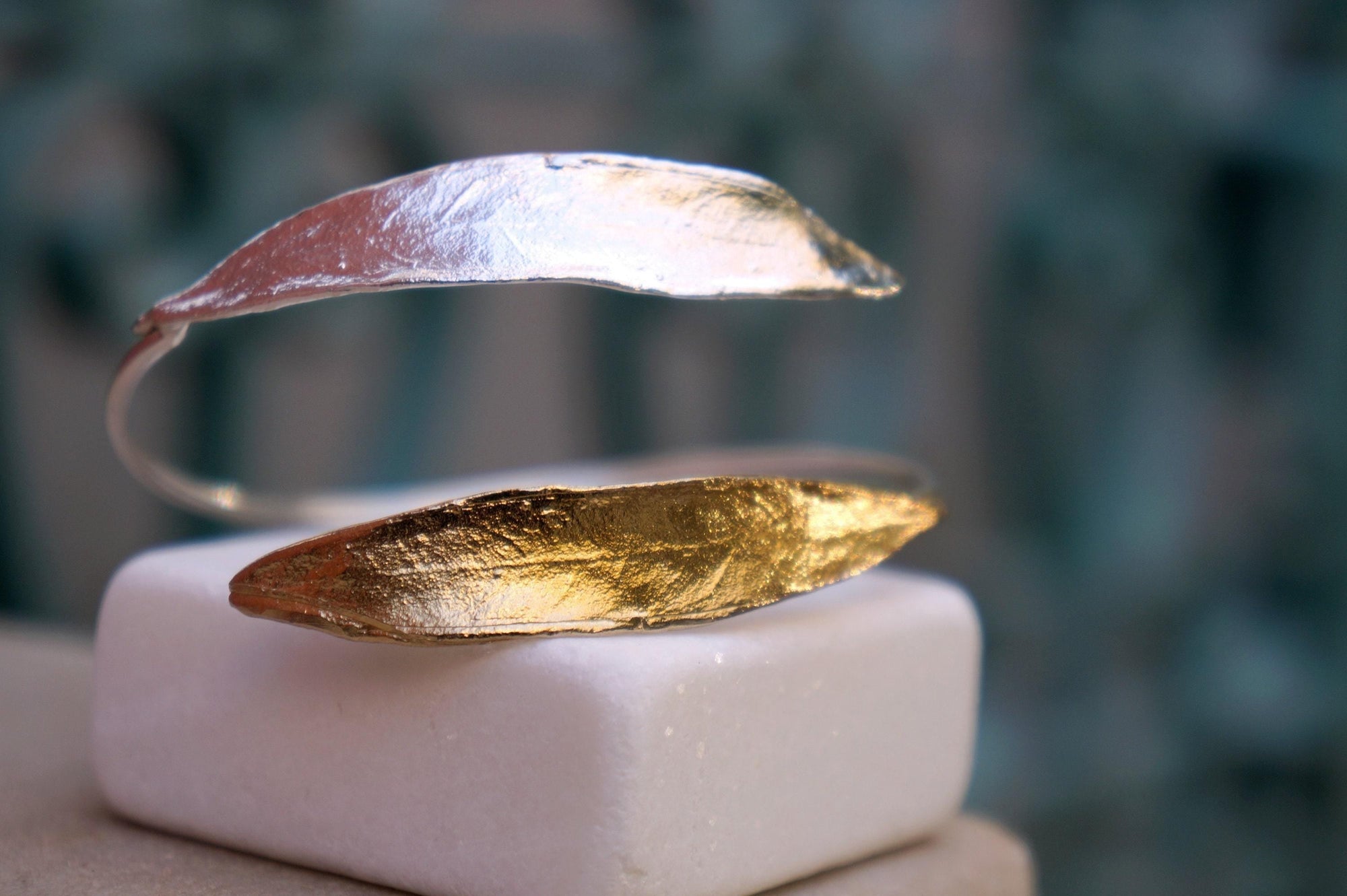 Gold Olive Leaf Bracelet, Gold-Plated Sterling Silver Jewelry, Silver Cuff, Gift for Her, Birthday Gift for Women, Handmade Jewelry-4