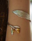 Real Olive Branch Gold Bangle Bracelet, Handmade Nature Jewelry, Organic Forest Cuff, Gift for Peace & Protection, 14K Gold Plated Brass