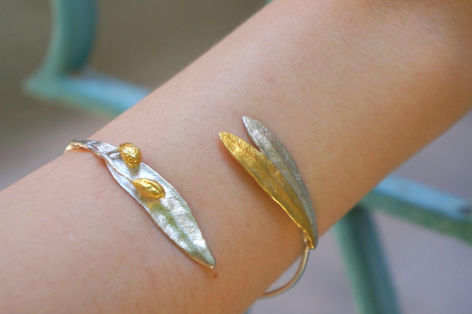 Real Olive Leaf Silver Cuff Bracelet, Handmade Nature Jewelry, Organic Forest Cuff, Gift for Peace &amp; Protection, 14K Gold Plated Sterling Silver 925
