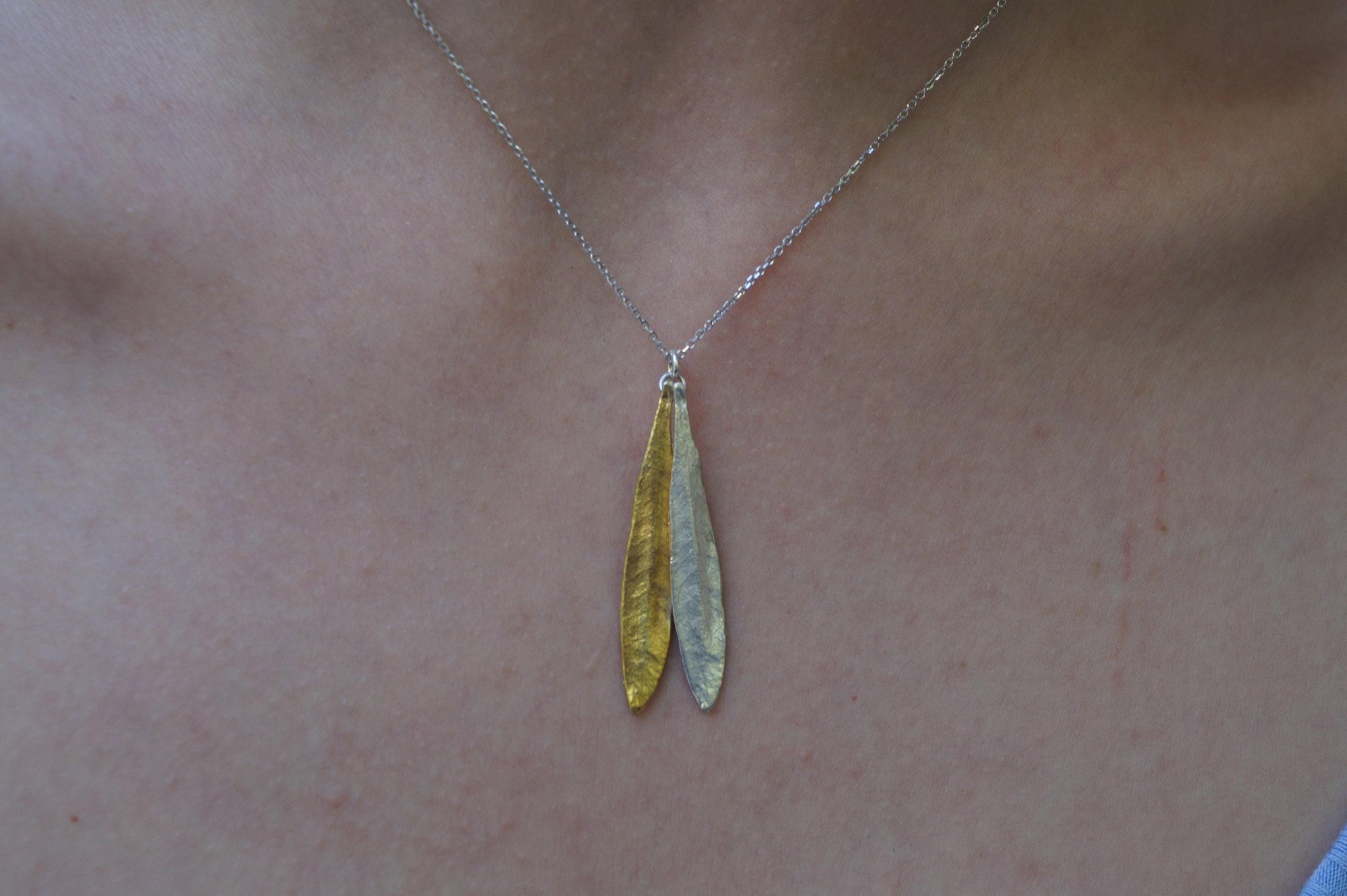 Botanical Two Tone Necklace, Olive Leaves Pressed (Sterling Silver)-1