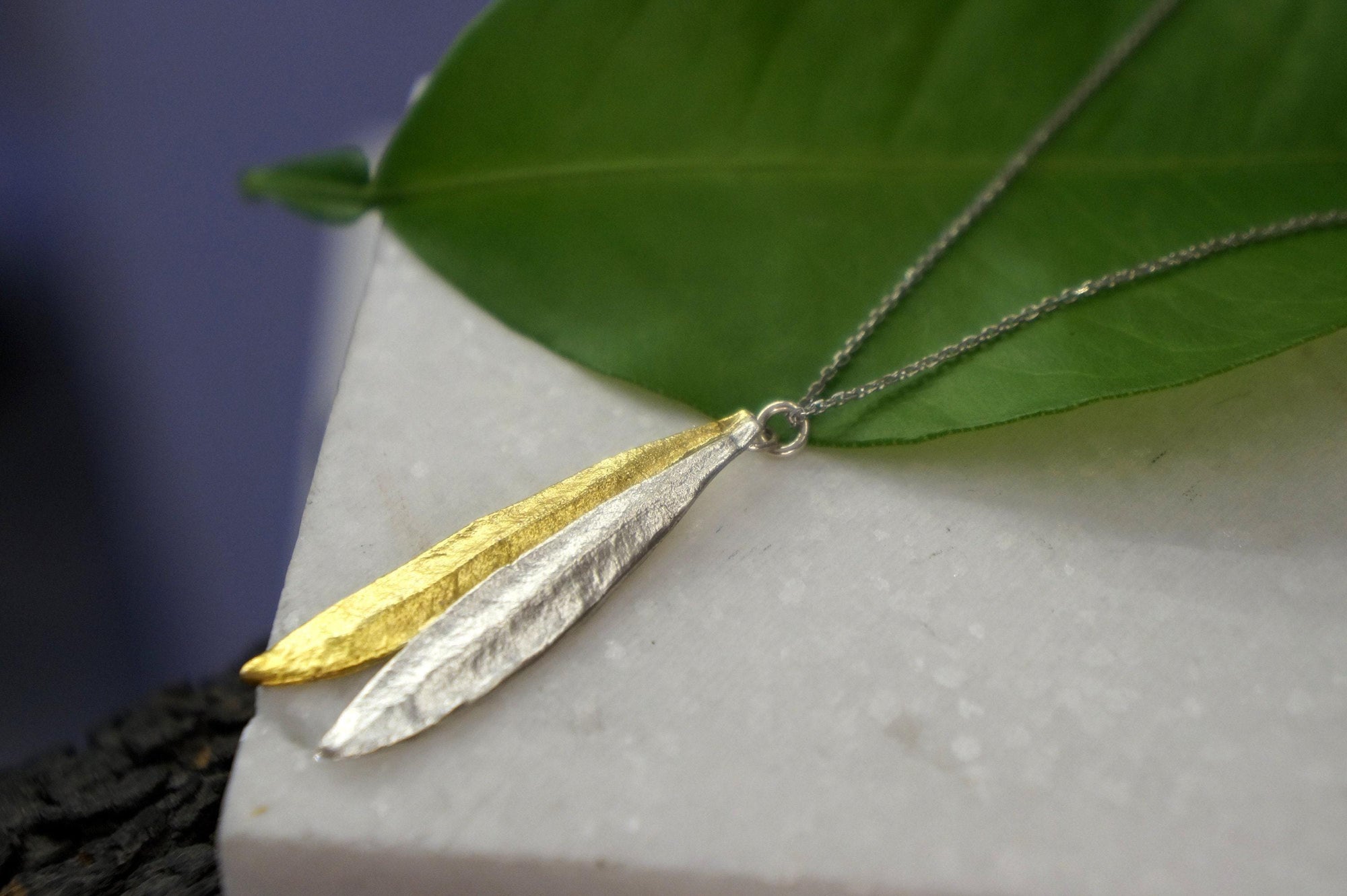 Botanical Two Tone Necklace, Olive Leaves Pressed (Sterling Silver)-3