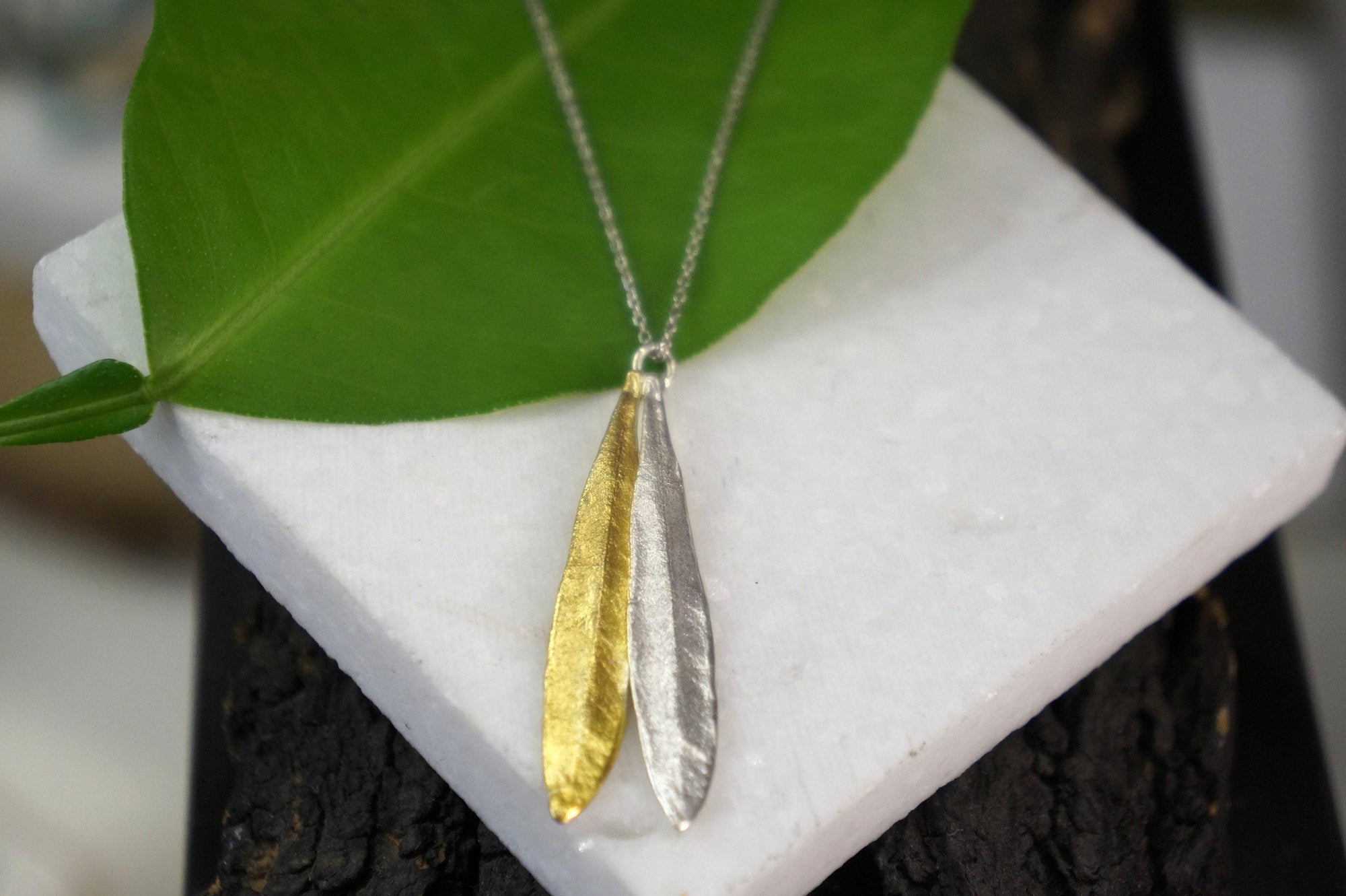 Botanical Two Tone Necklace, Olive Leaves Pressed (Sterling Silver)-4