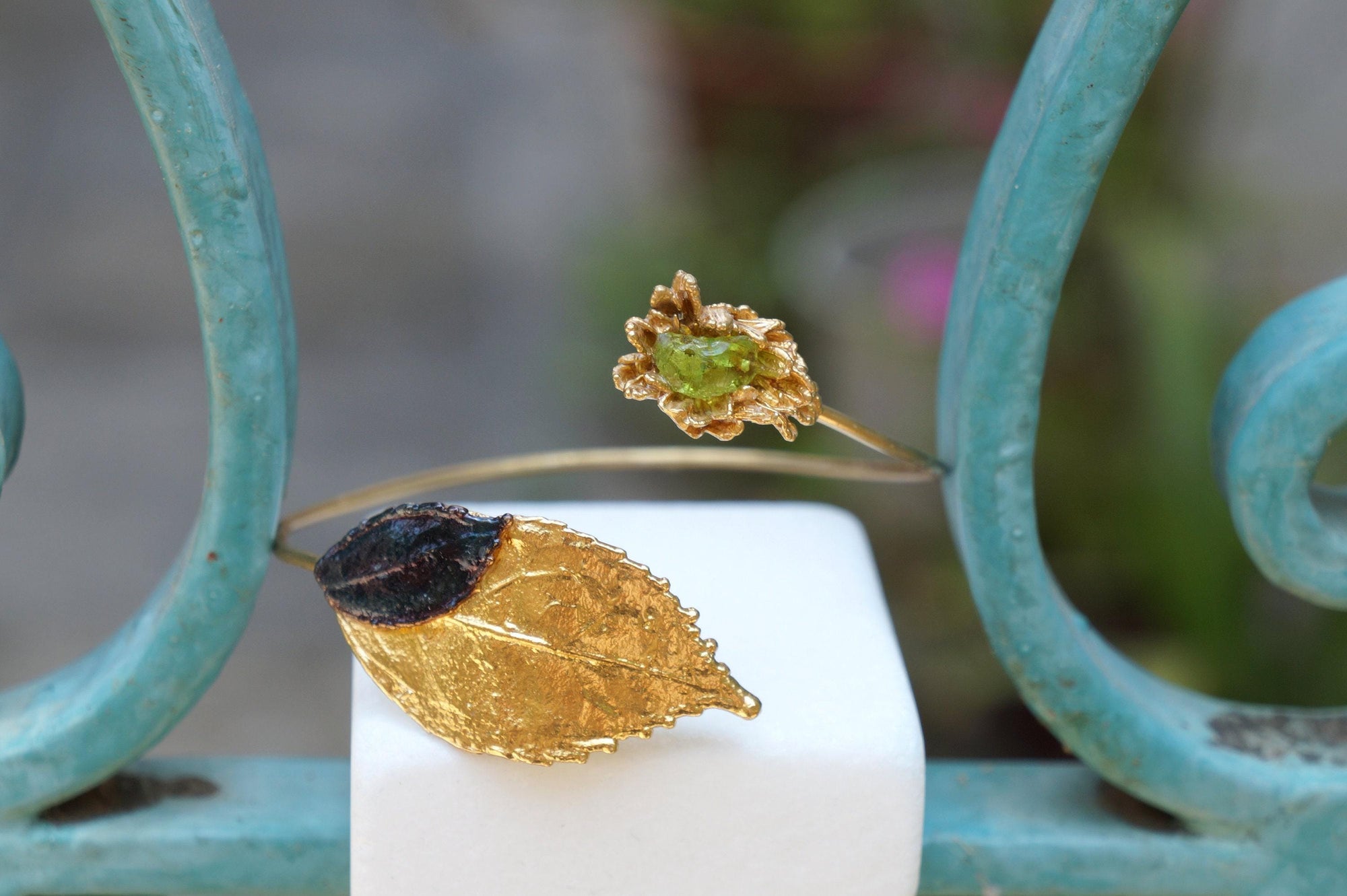 Gold Leaf Cuff Bracelet - Real Flowers with Green Murano Stone-4