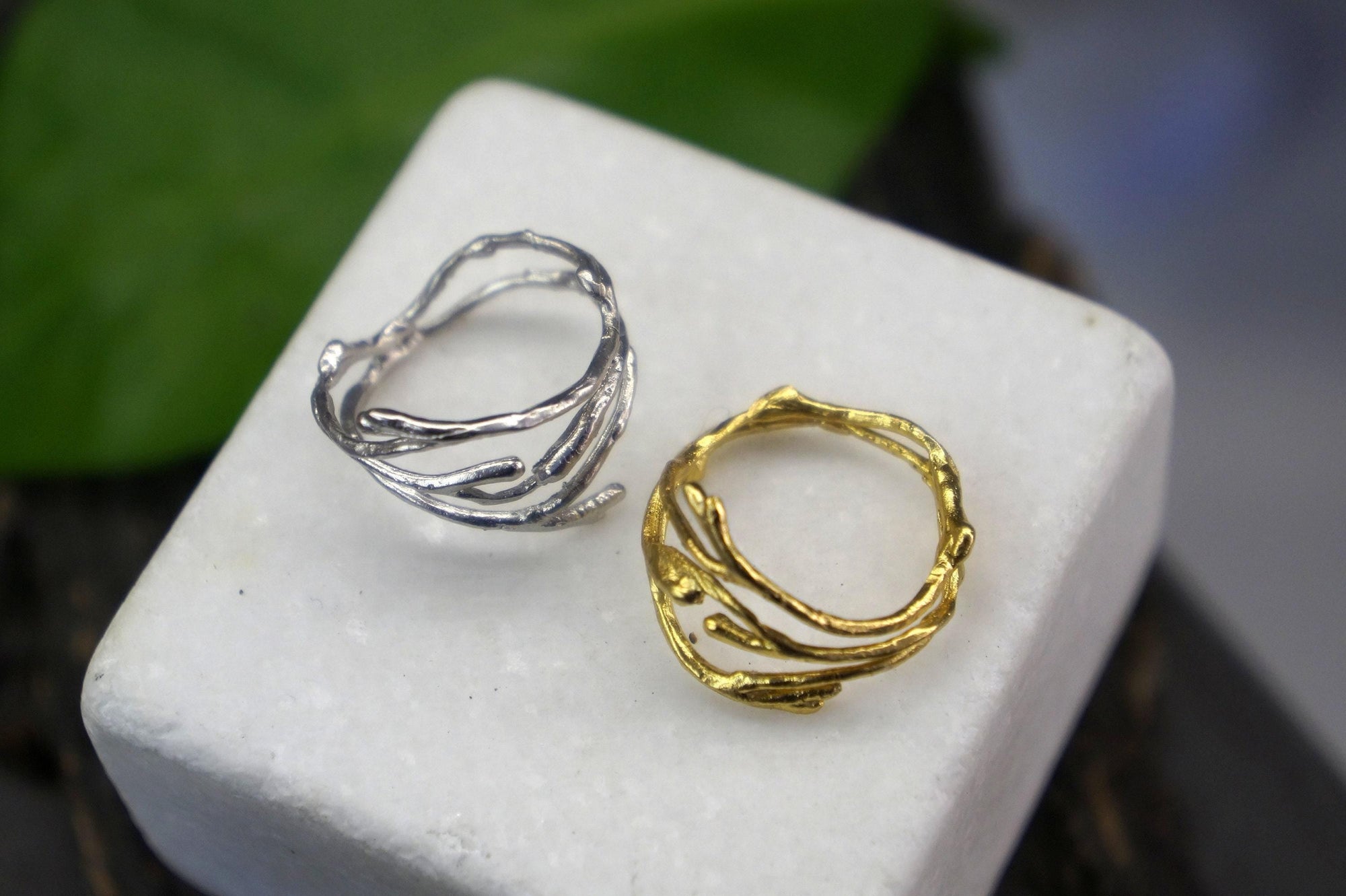 Silver Jasmine Ring, Gold-Plated Sterling Silver Ring, Jasmine Branch Ring, Handmade Boho Jewelry, Gift for Her, Birthday Gift for Women-0