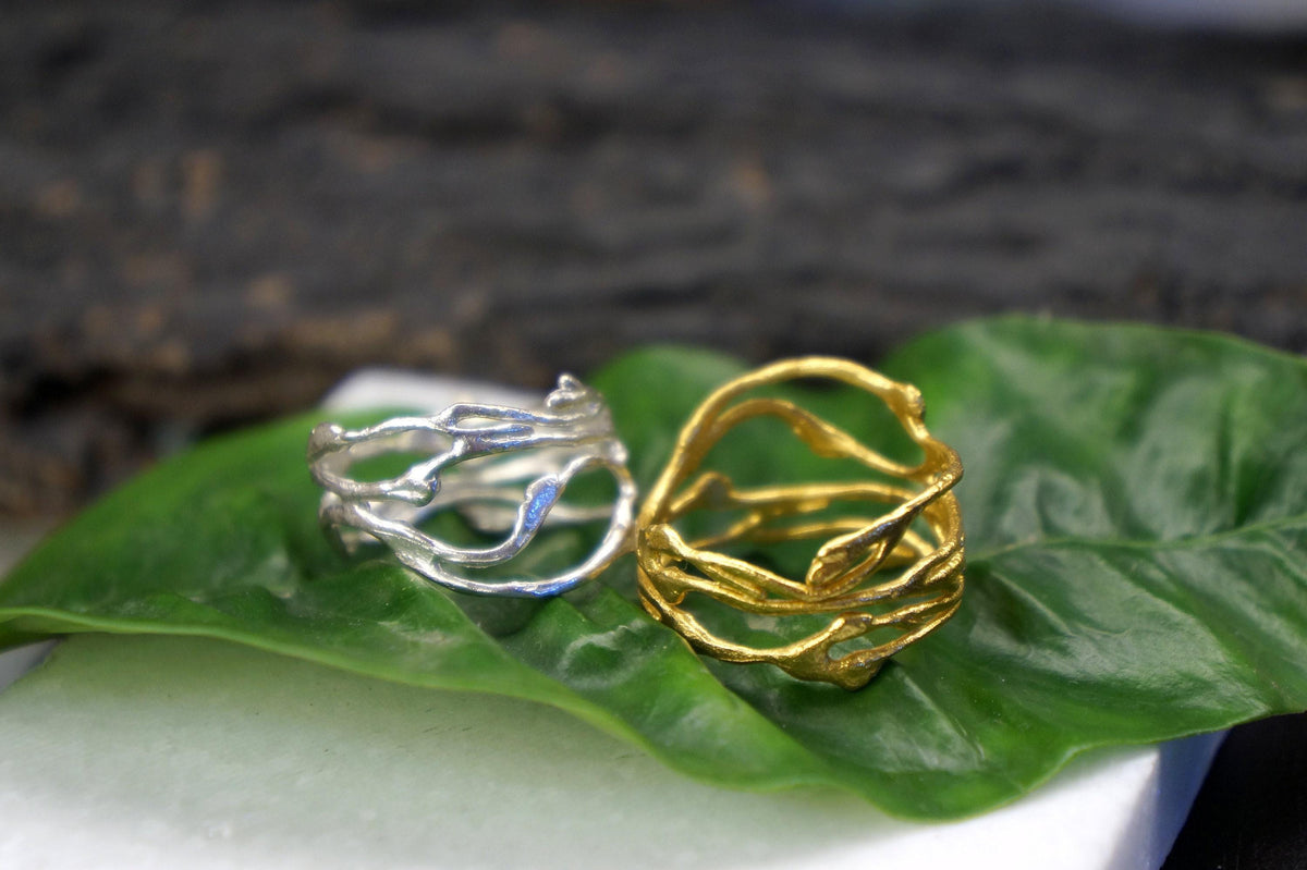 Gold Jasmine Branch Ring, Handmade Minimalist Jewelry, Botanical Organic Band, Gift for Luck &amp; Purity, Eco Sustainable Sterling Silver 925