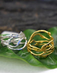 Gold Jasmine Branch Ring, Handmade Minimalist Jewelry, Botanical Organic Band, Gift for Luck & Purity, Eco Sustainable Sterling Silver 925