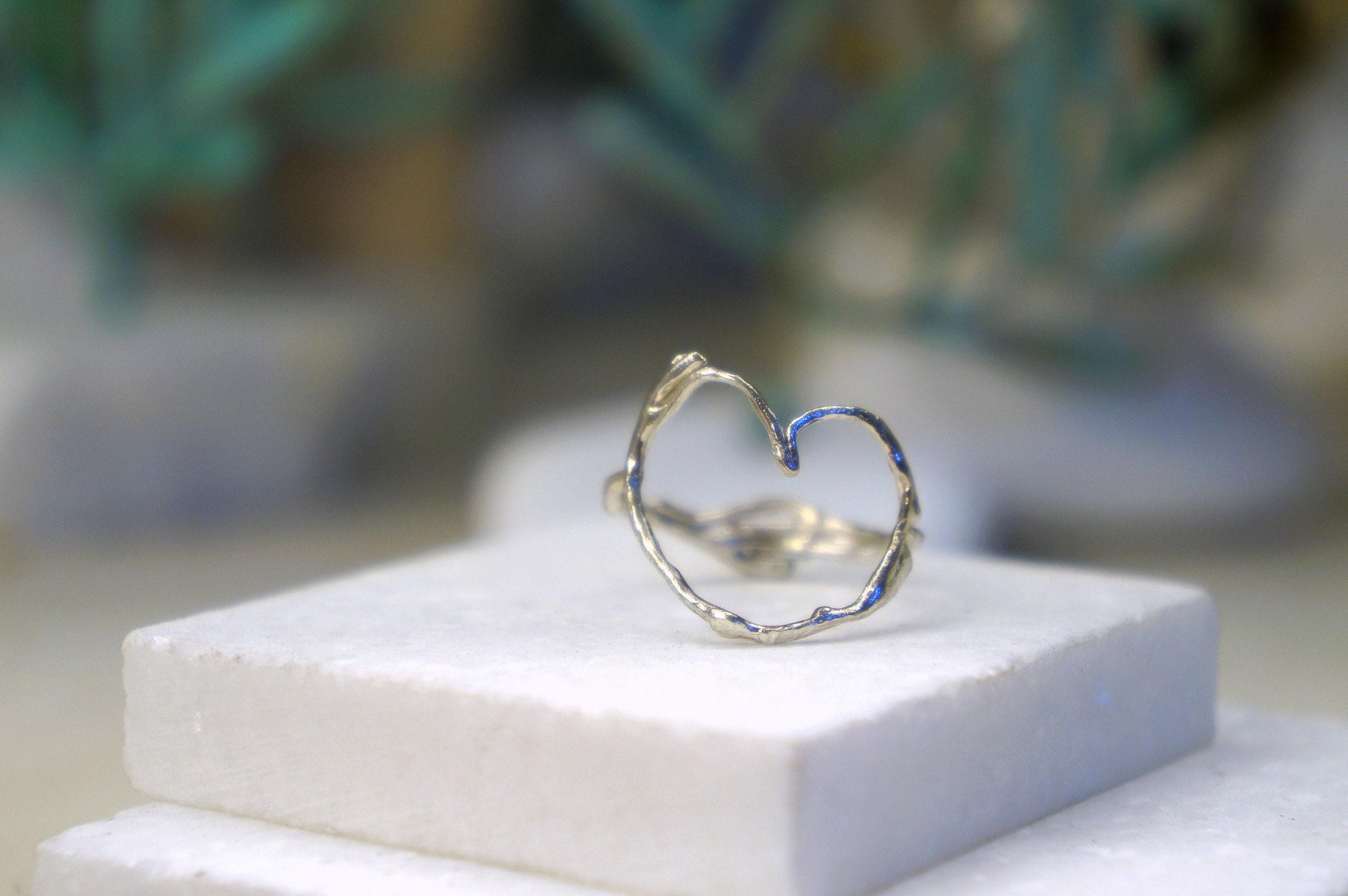 Real Jasmine Twig Silver Ring with Heart Detail, Handmade Nature Jewelry, Organic Botanical Band, Gift for Beauty &amp; Appreciation, Sterling Silver 925