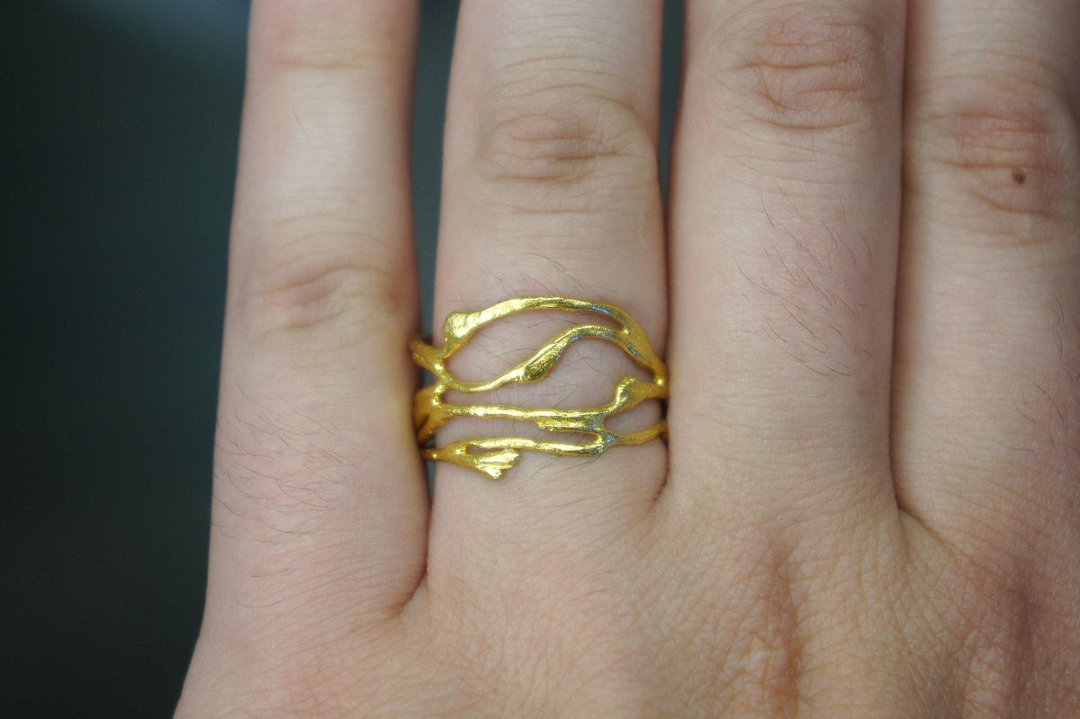 Gold Jasmine Branch Ring, Handmade Minimalist Jewelry, Botanical Organic Band, Gift for Luck &amp; Purity, Eco Sustainable Sterling Silver 925