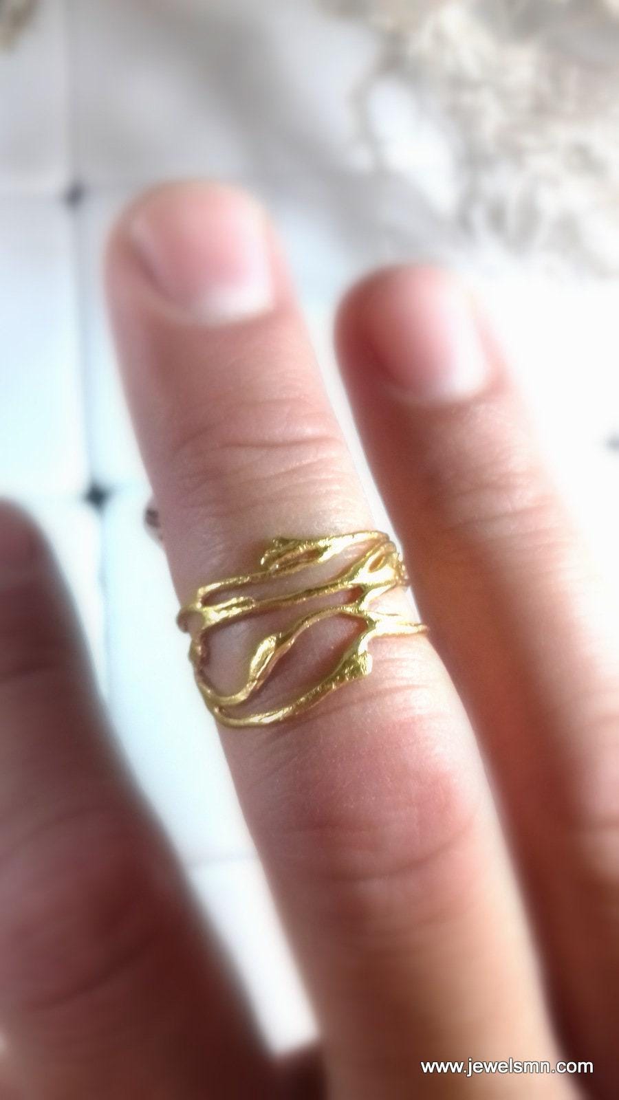 Gold Jasmine Branch Ring, Handmade Minimalist Jewelry, Botanical Organic Band, Gift for Luck &amp; Purity, Eco Sustainable Sterling Silver 925
